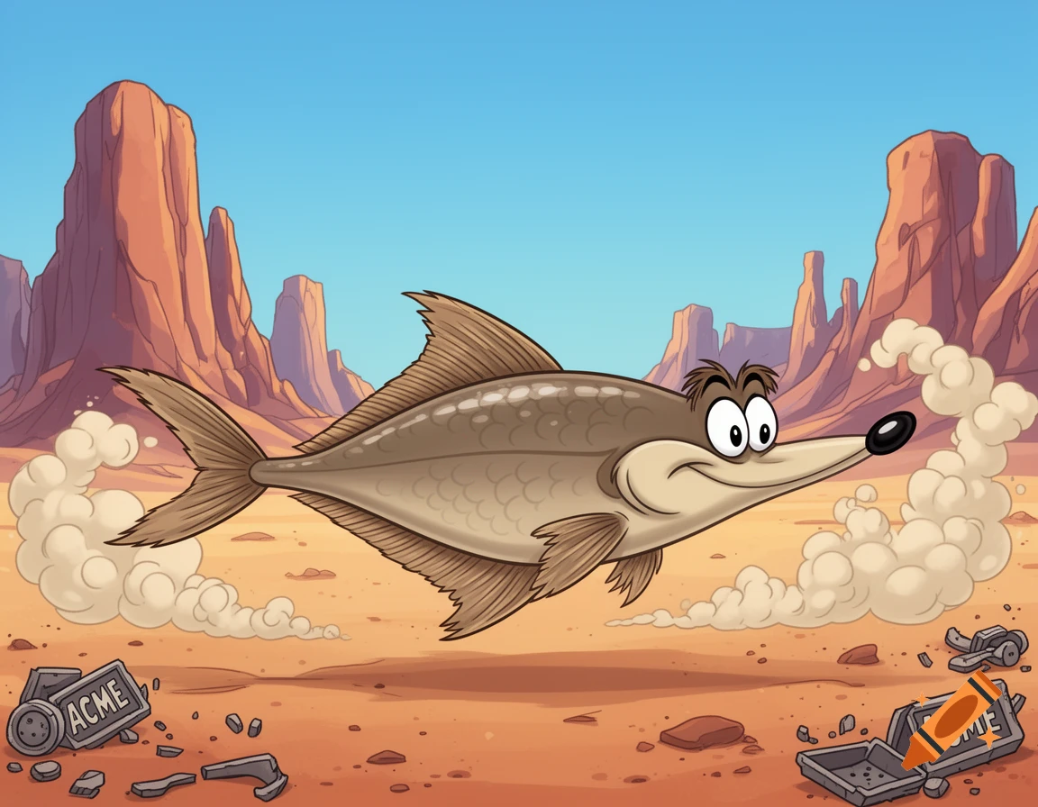 A cartoon fish with Wile E. Coyote's face flies through a desert with mesas and broken "ACME" boxes.