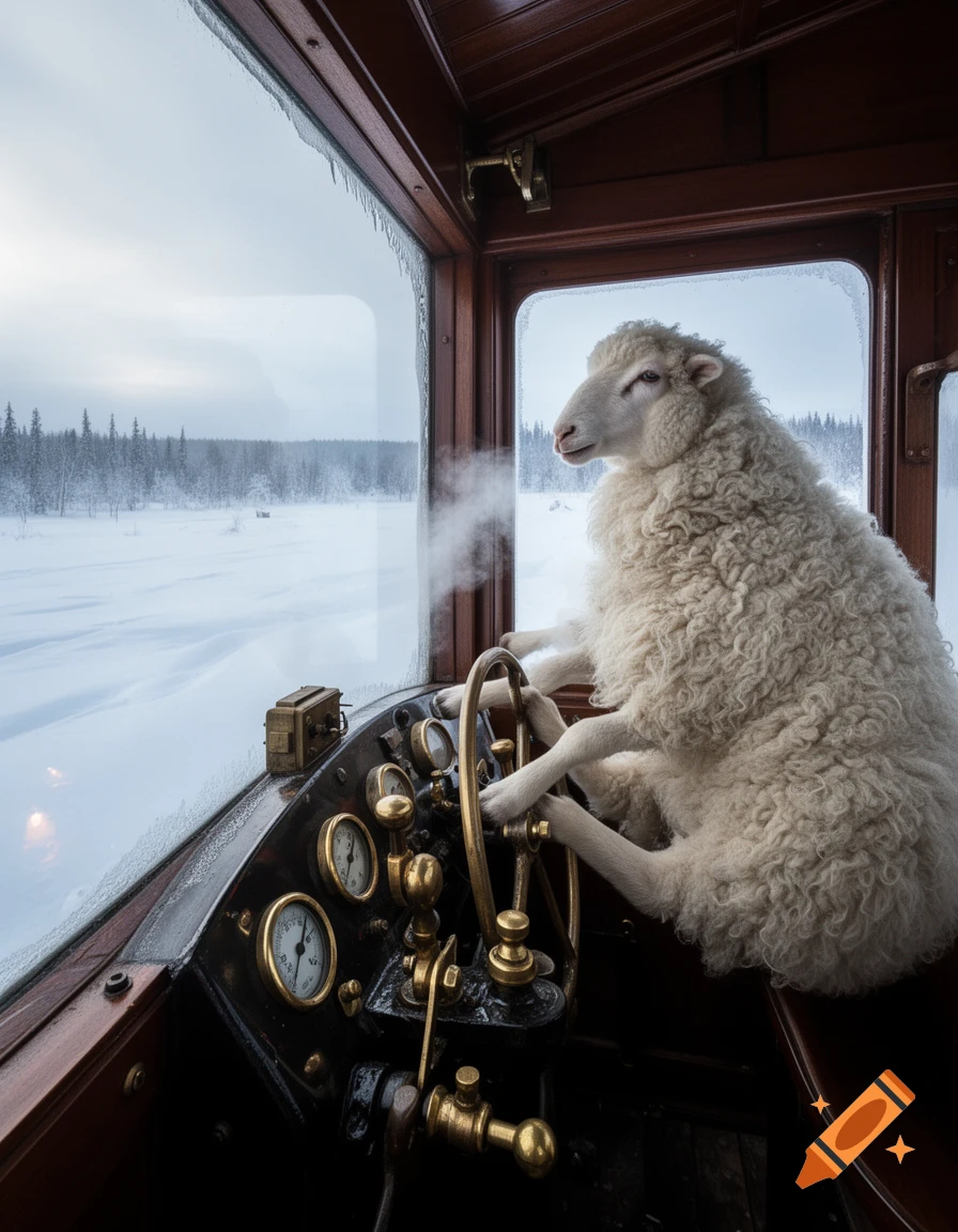 A fluffy sheep sits in the driver's seat of an old train, looking out at a vast, snowy landscape.