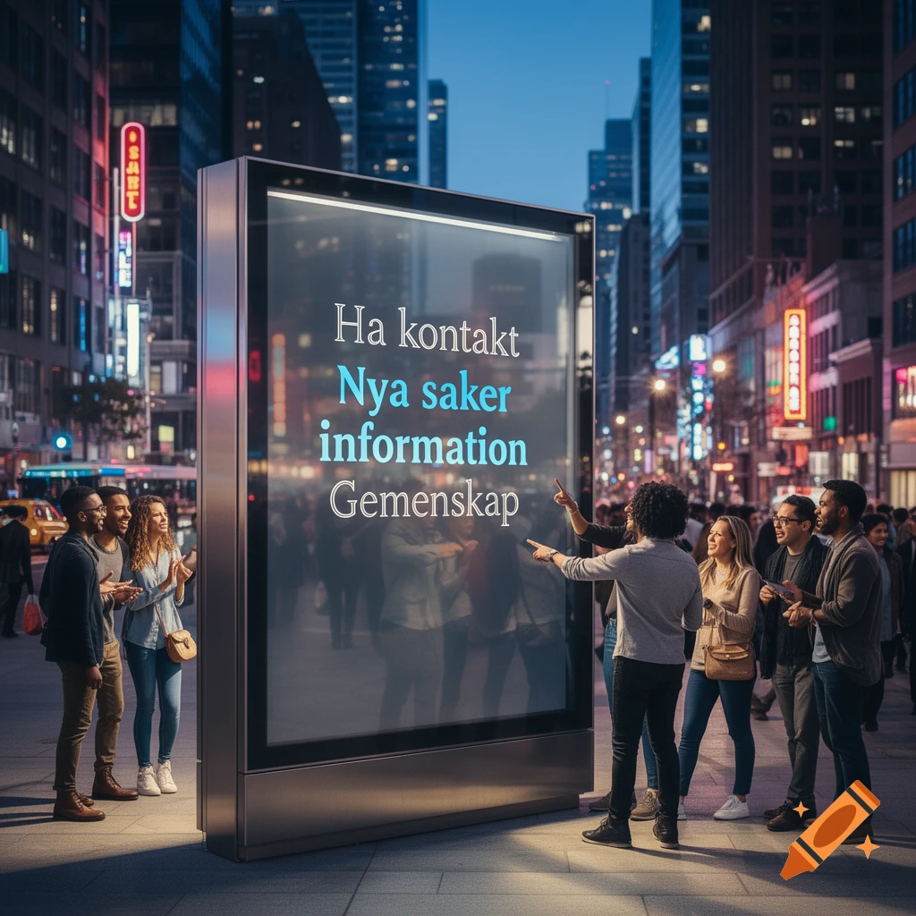 Photorealistic image of a diverse group of people looking at a large digital billboard on a city street at night, displaying Swedish text.