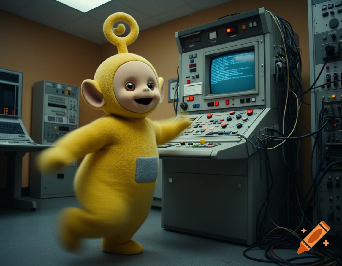 Laa-Laa from Teletubbies wiggles hips cheerfully in front of a vintage 80s mainframe computer terminal.