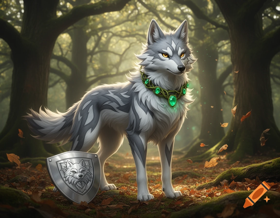 A majestic stylized gray wolf with a glowing green jeweled collar stands in an enchanted forest, a shield with a wolf emblem rests nearby.