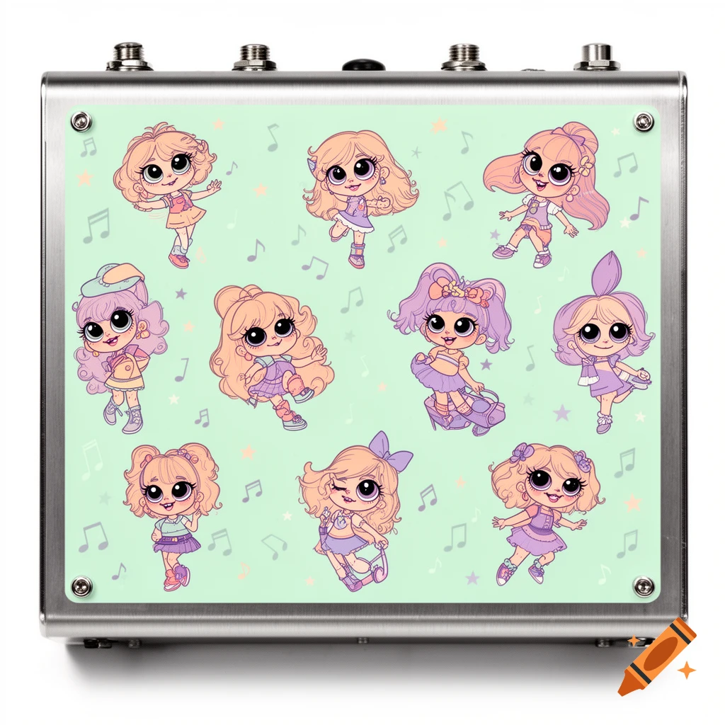 A stainless steel pedalboard with a light green design featuring multiple cute cartoon girls, musical notes, and stars.