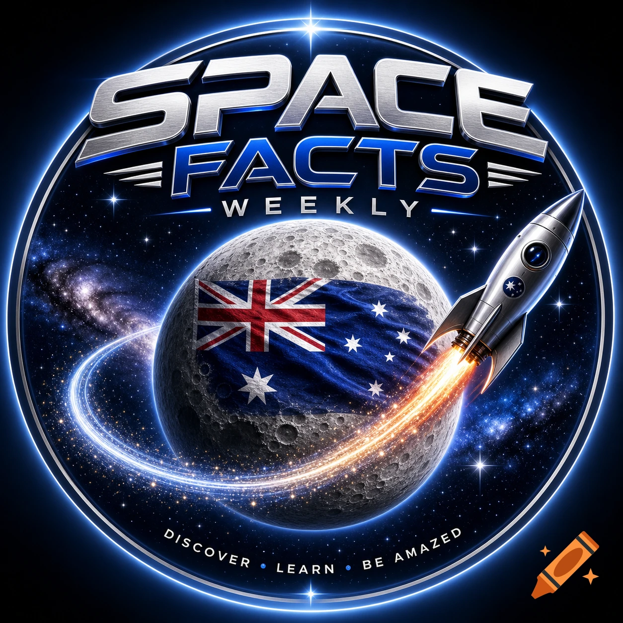 Logo for Space Facts Weekly featuring a silver rocket flying past a moon with an Australian flag, set against a starry galaxy.