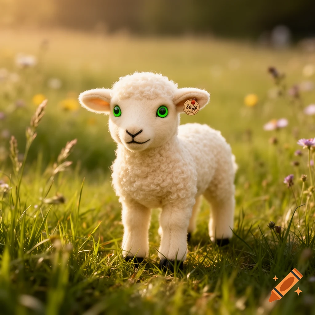A photorealistic cream-white lamb with glowing green eyes and an ear tag stands in a sunny green field with wildflowers.