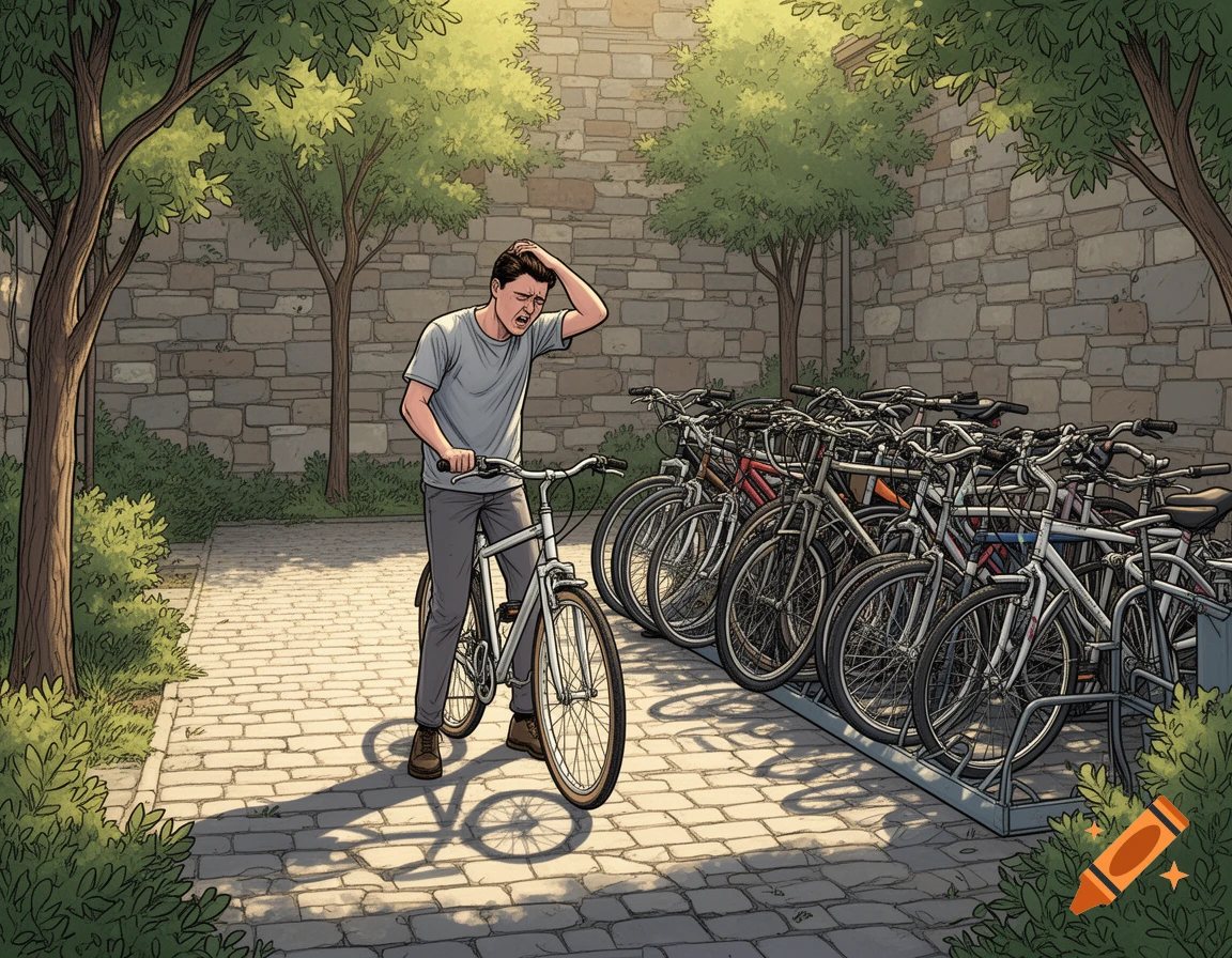 A frustrated man with a bicycle stands next to an overcrowded bike rack in a sunny courtyard, in comic art style.