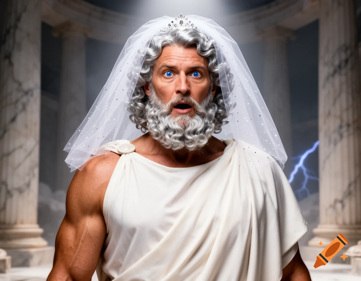 Photorealistic portrait of a surprised, muscular Zeus with blue eyes, grey hair, and beard, wearing a white toga, bridal veil, and tiara, with pillars and lightning in the background.