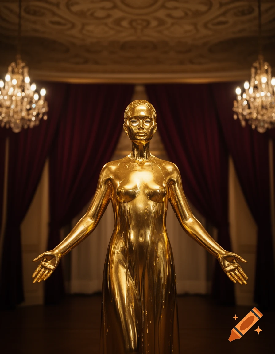 Gleaming golden female statue with outstretched arms in a luxurious room with chandeliers and red drapes.