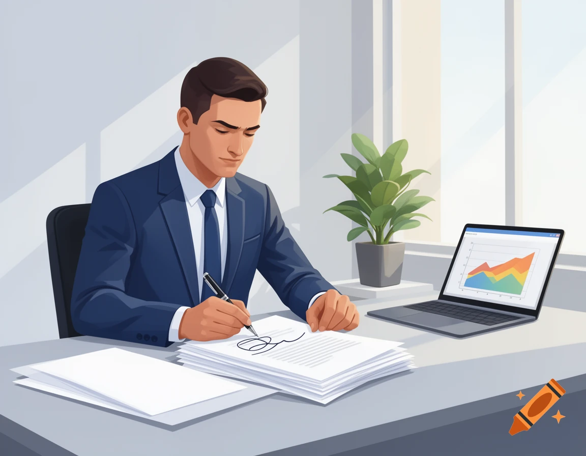 A man in a blue suit signs documents at an office desk with a laptop showing a graph and a potted plant, in a clipart illustration style.
