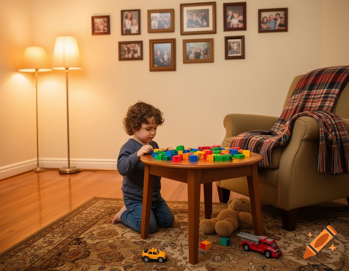 A young child with curly hair kneels at a small wooden table, playing with colorful building blocks in a cozy living room.