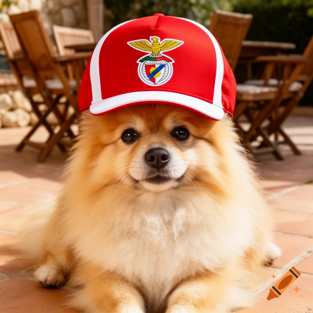 A fluffy Pomeranian dog lies on a tiled patio, looking at the camera while wearing a red and white baseball cap with a sports team logo.