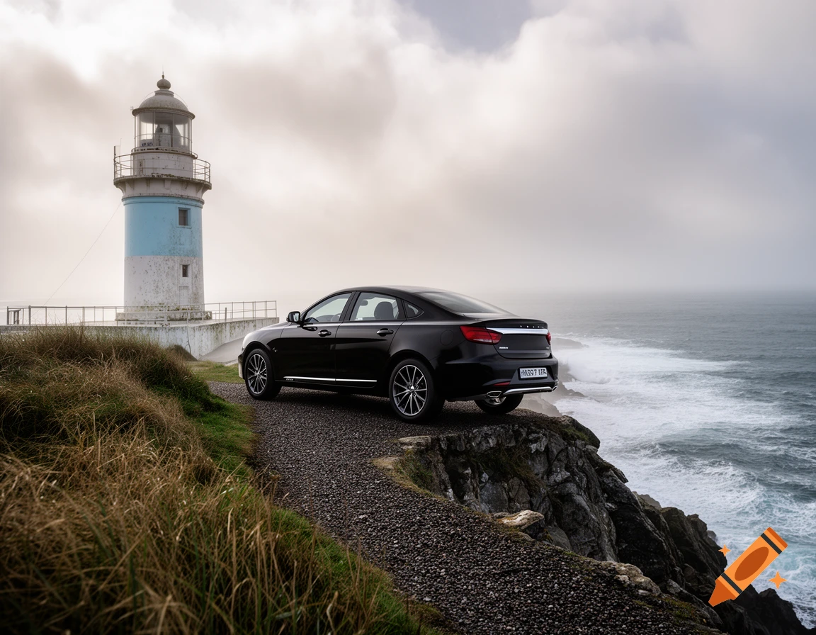 A black car parked on a gravel path near a white and blue lighthouse by a stormy sea under cloudy skies.