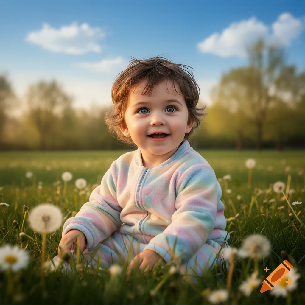 A happy baby with curly brown hair and blue eyes, wearing a pastel onesie, sits in a sunny green field with dandelions under a blue sky.