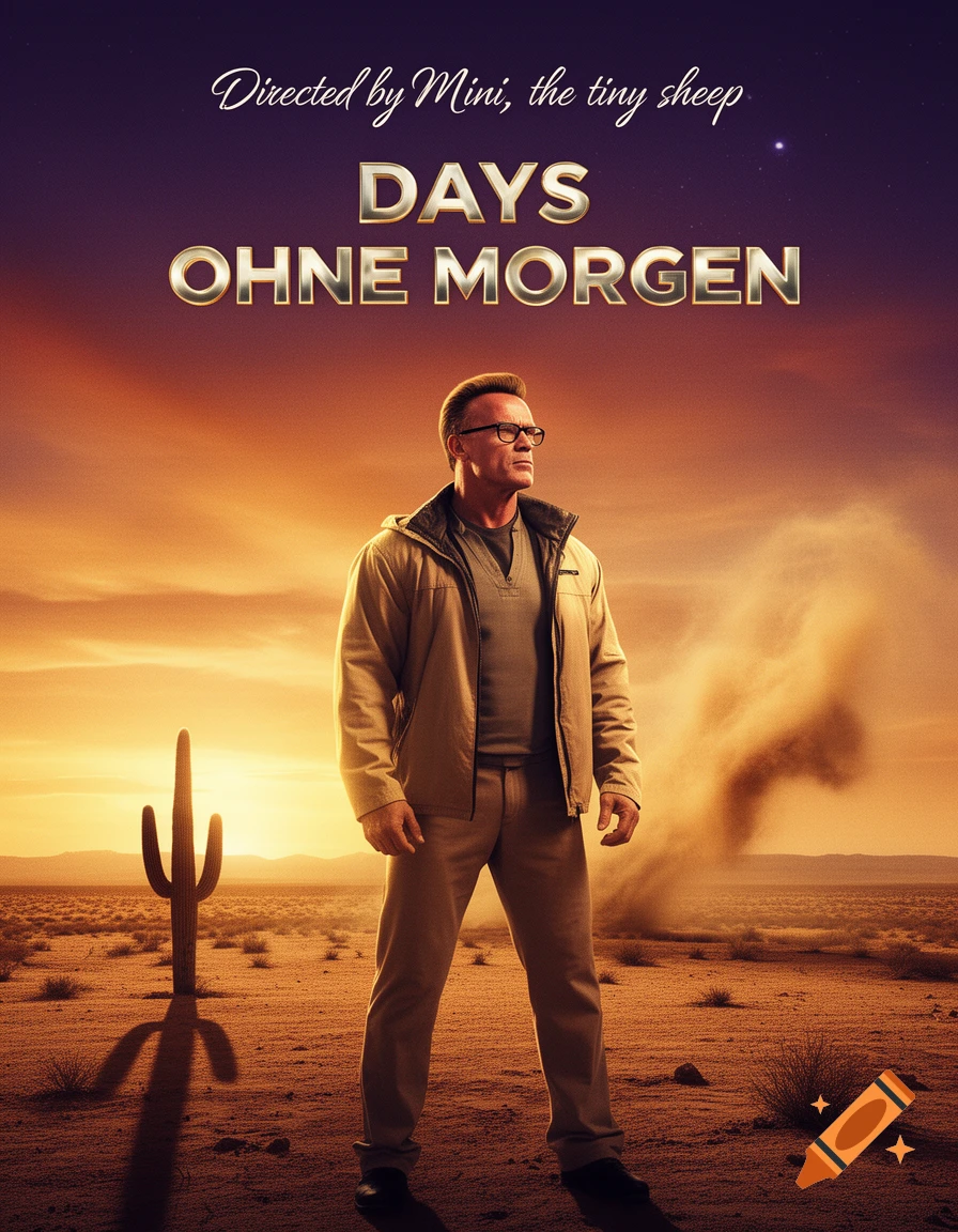 Movie poster for "Days ohne Morgen" featuring Arnold Schwarzenegger as a scientist in a desert at sunset, with a cactus and dust cloud.