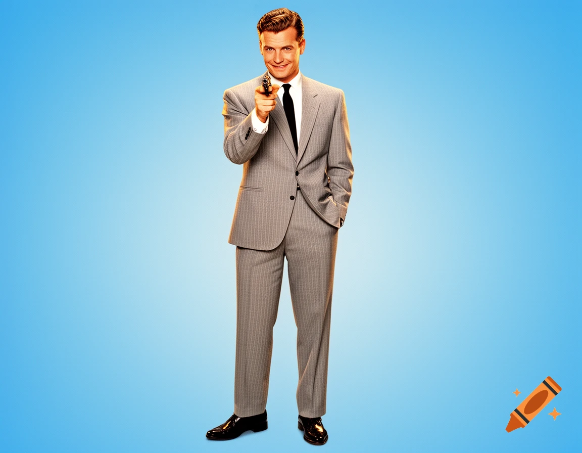 A man in a 50s-style pinstripe suit smiling and pointing a gun directly at the viewer against a blue background.