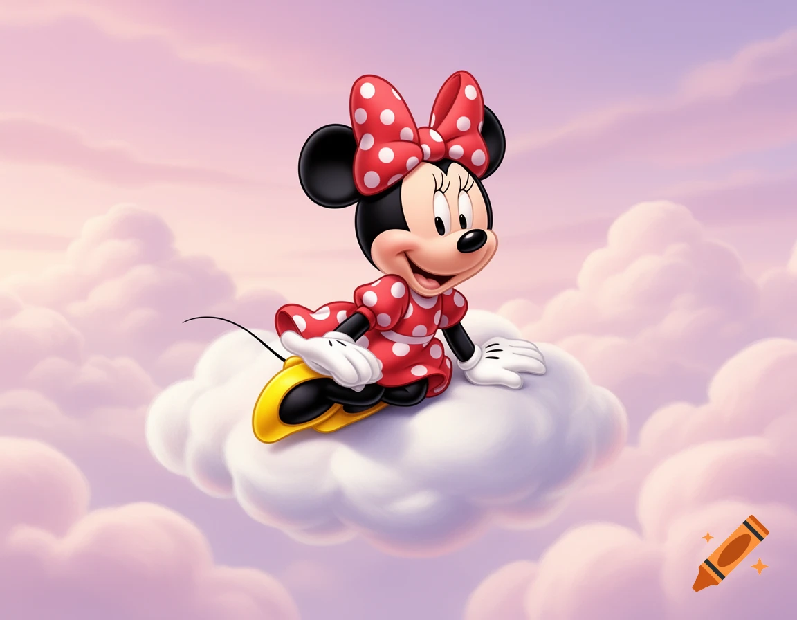 Minnie Mouse in a red polka dot dress and bow sits on a white cloud, flying in a pink and purple sky, in Disney cartoon style.