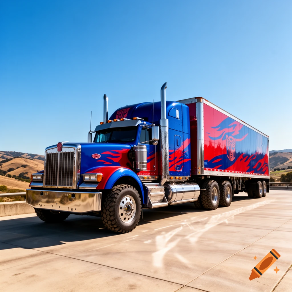 A photorealistic blue and red semi-truck with flame decals, chrome accents, and a trailer, resembling Optimus Prime, parked on a concrete surface against a clear blue sky and rolling hills.
