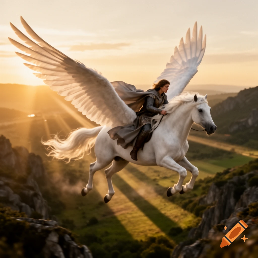 A person in armor rides a white Pegasus, flying over a green, mountainous landscape at sunset, photorealistic style.