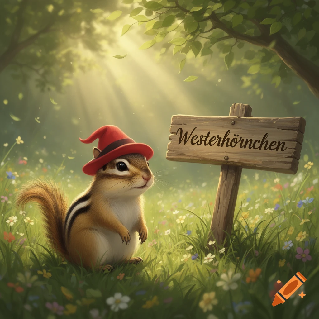 A cute chipmunk in a red hat sits in a sunny meadow next to a wooden sign that reads 'Westerhörnchen'.