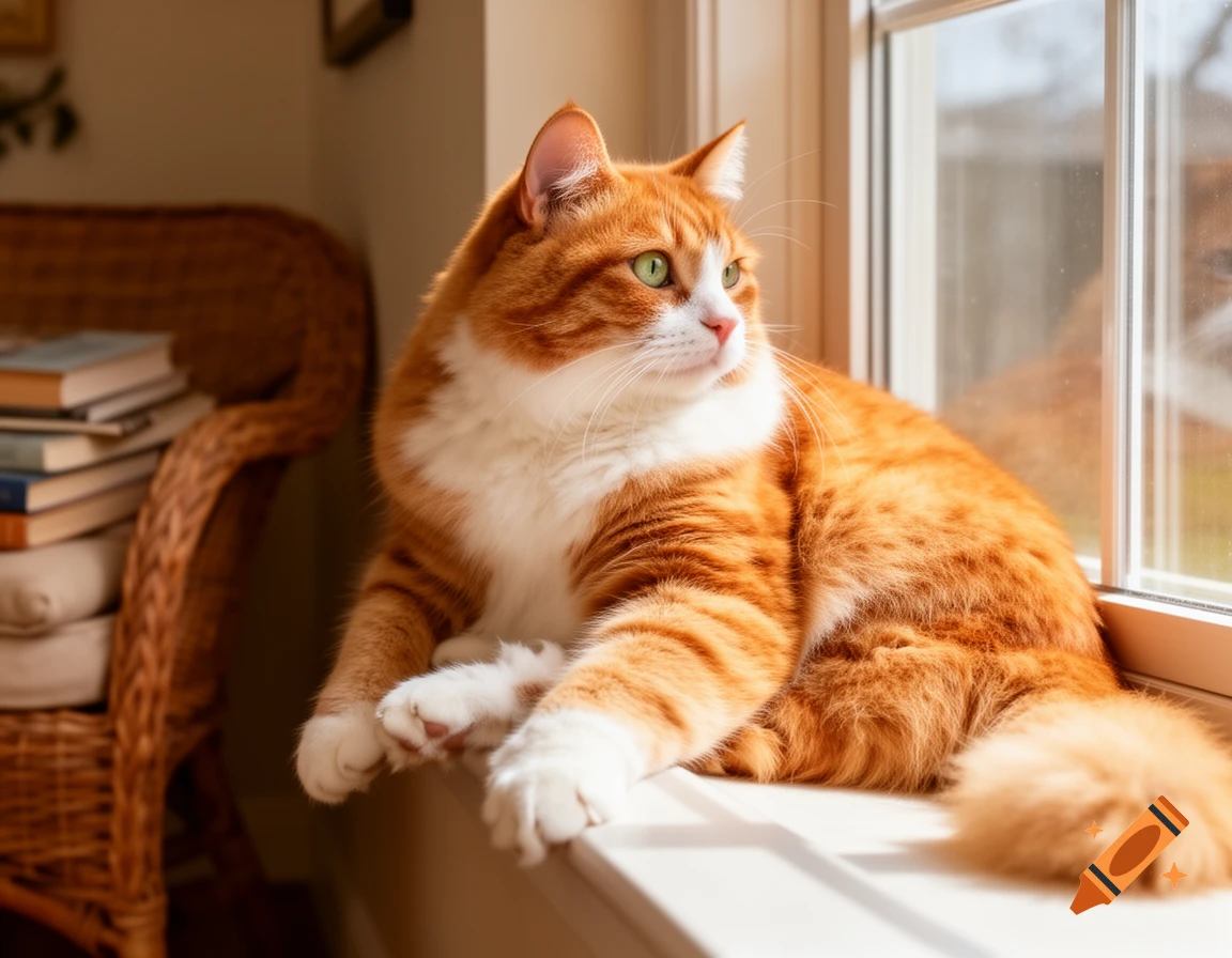 An orange and white cat with green eyes relaxes on a sunlit windowsill.