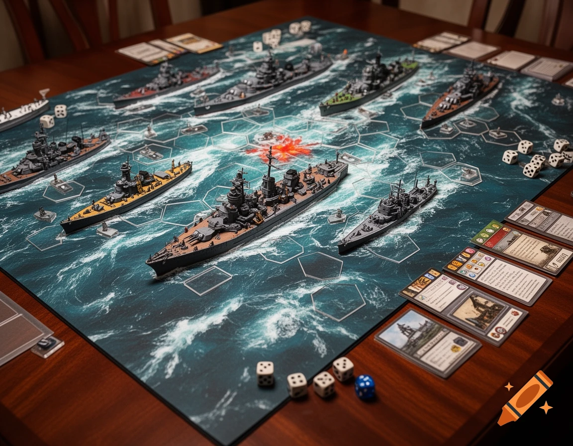A detailed board game featuring miniature warships on a water-themed game board with hexagonal spaces, dice, and game cards.