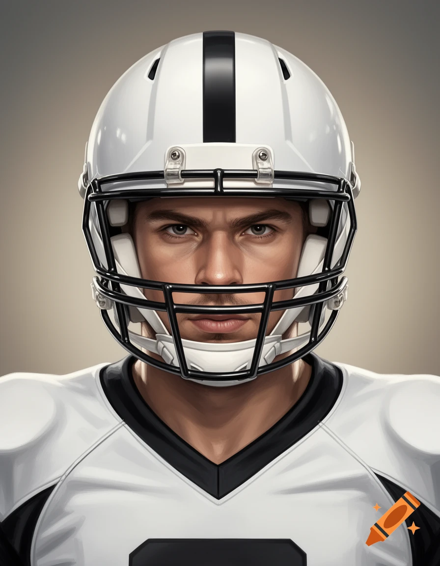 Drawing of an American football player's headshot in a white and black uniform and helmet with a black stripe.