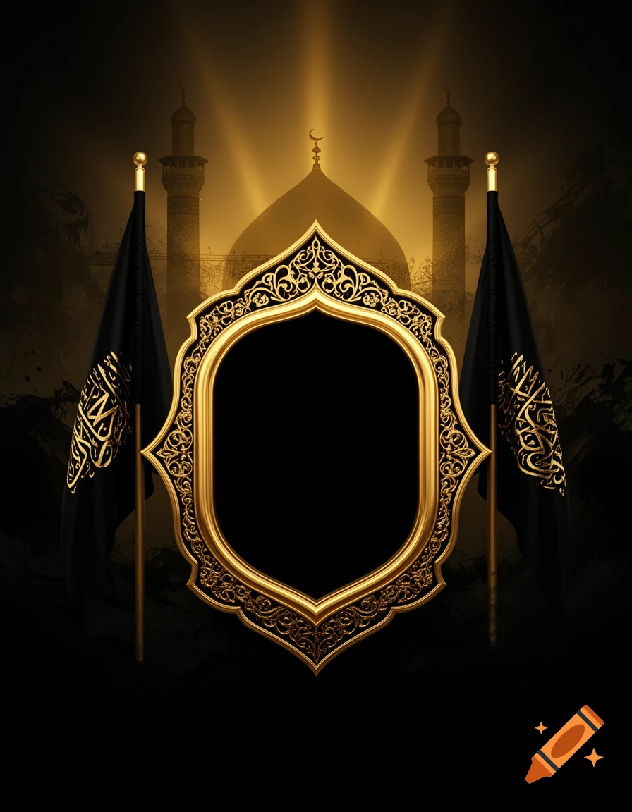 Golden ornate frame flanked by black flags with gold Arabic calligraphy, against a subtle golden mosque silhouette backdrop.