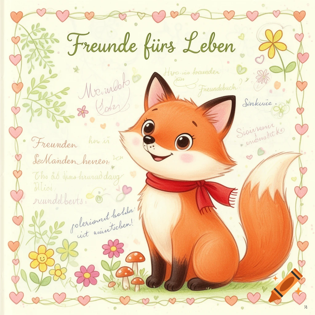 A whimsical illustration of a cute, fluffy orange fox with a red scarf, sitting in a field of flowers and mushrooms, surrounded by hearts and decorative green foliage. The background features handwritten-style text.