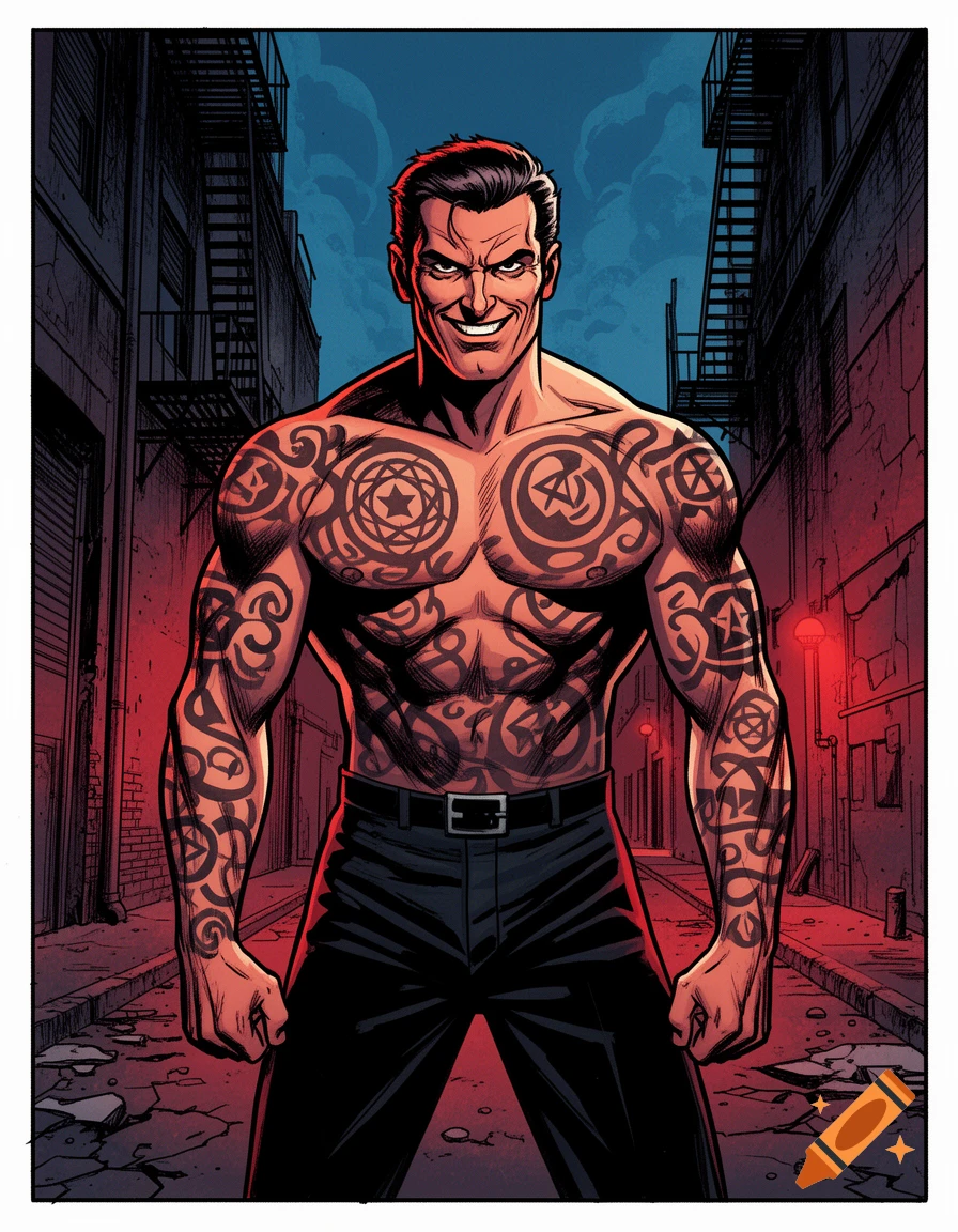 A menacing, muscular man with a bare, heavily tattooed chest and a sinister smile stands in a dark alley in a comic book style.