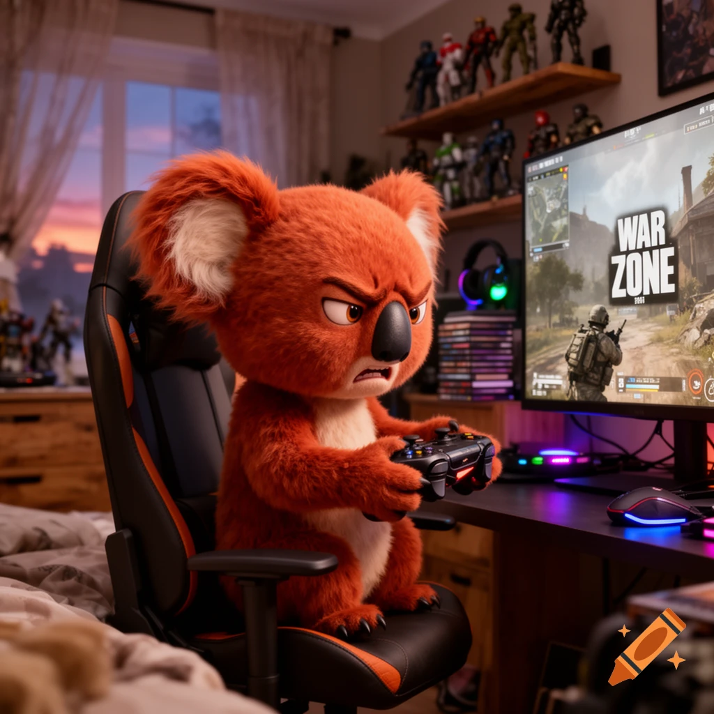 An angry red koala playing a war video game on a computer in a bedroom.