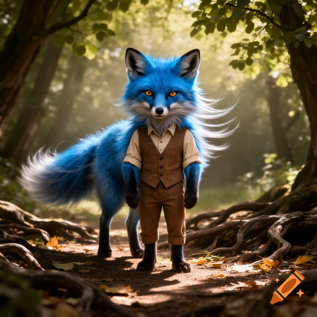 A majestic anthropomorphic blue fox, with bright orange eyes, wears a brown vest and pants while standing in a sun-dappled forest.