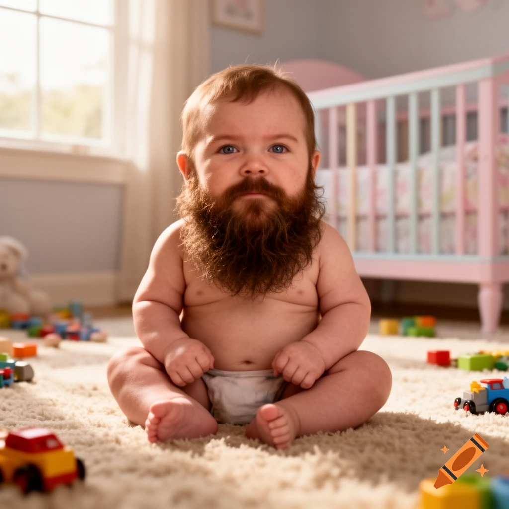 Photorealistic baby with a full brown beard sits on a rug in a nursery with toys and a pink crib.