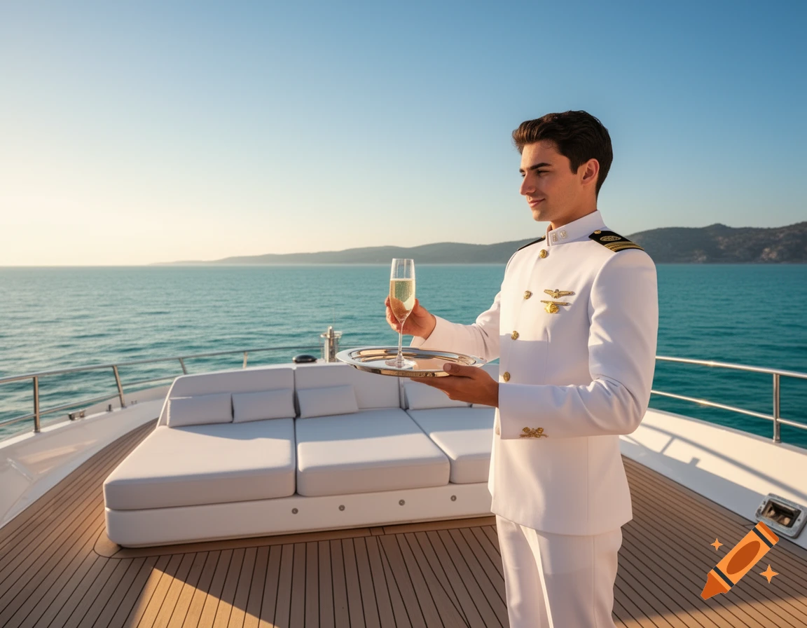 A smiling man in a white uniform holds champagne on a silver tray on a luxury yacht deck, overlooking the ocean.