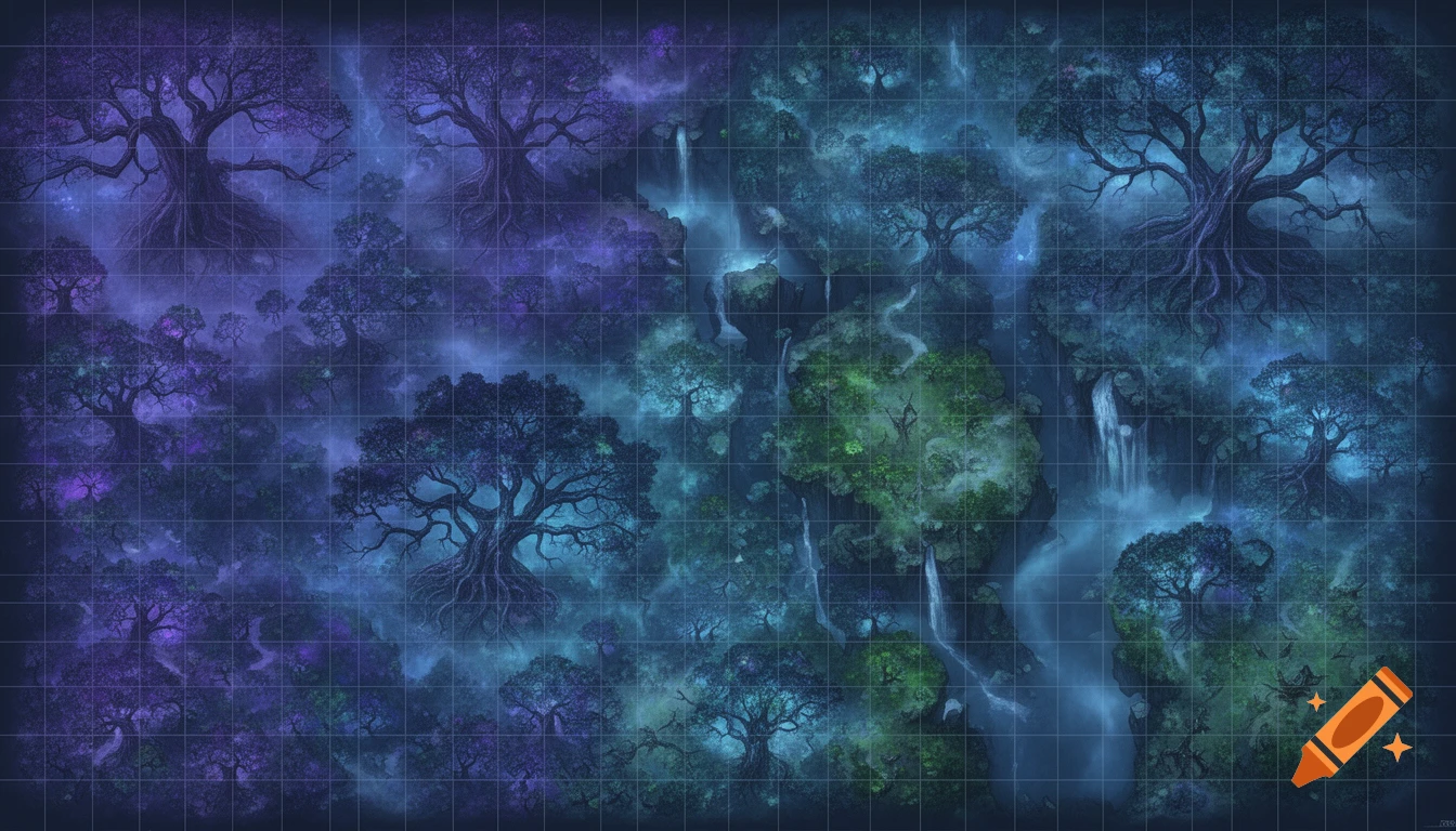 Top-down fantasy grid map of a misty, ethereal jungle with large trees and waterfalls, rendered in purple, blue, and green hues.