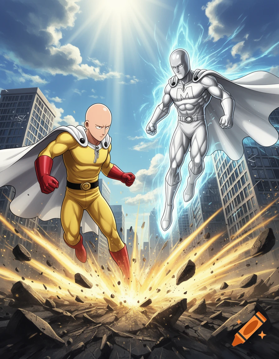 One Punch Man in a yellow suit faces a floating silver Metroman with an M on his chest, amidst an explosion in a city.