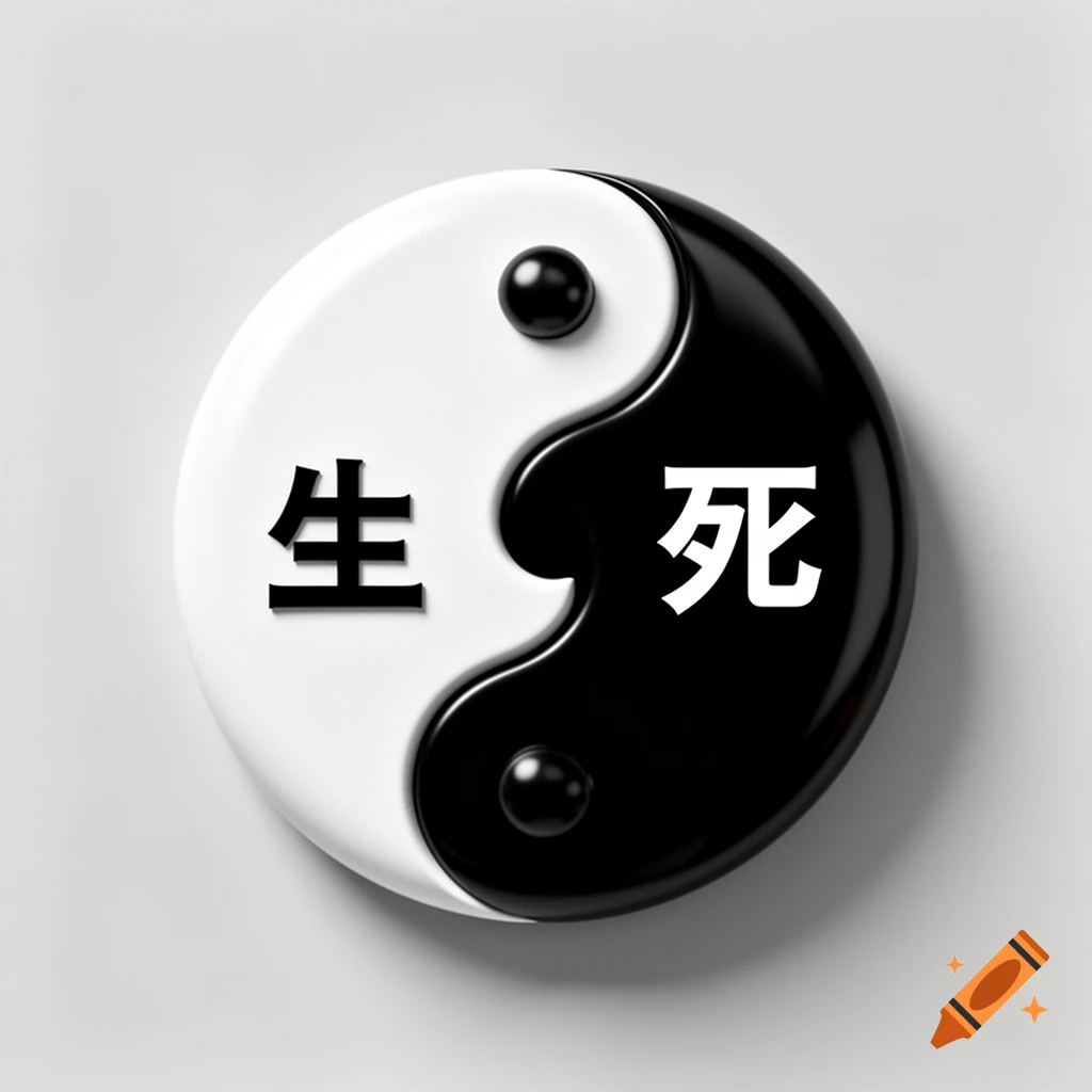 Glossy 3D Yin Yang symbol with black character '生' (life) on white side and white character '死' (death) on black side.
