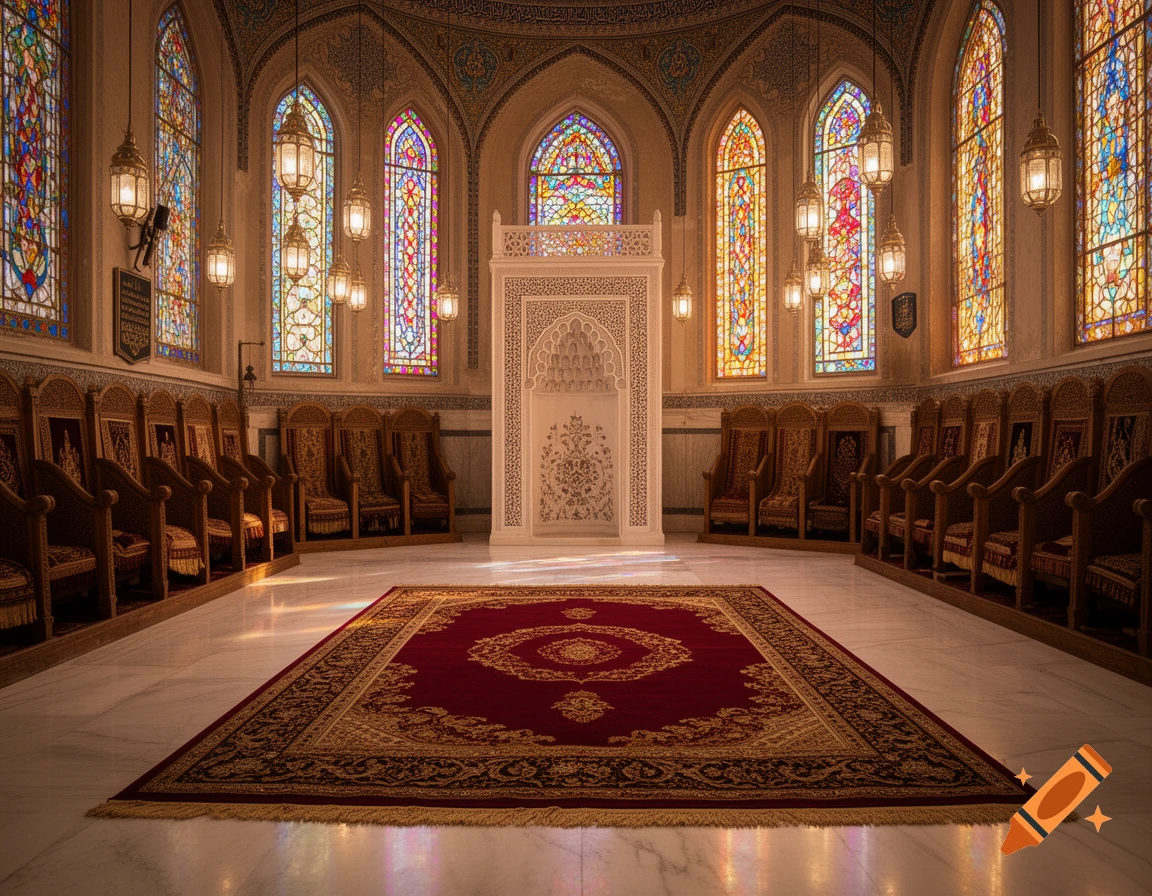 Ornate interior of a building, possibly a mosque, with stained glass windows, a large red and gold prayer rug, and a decorative white archway.