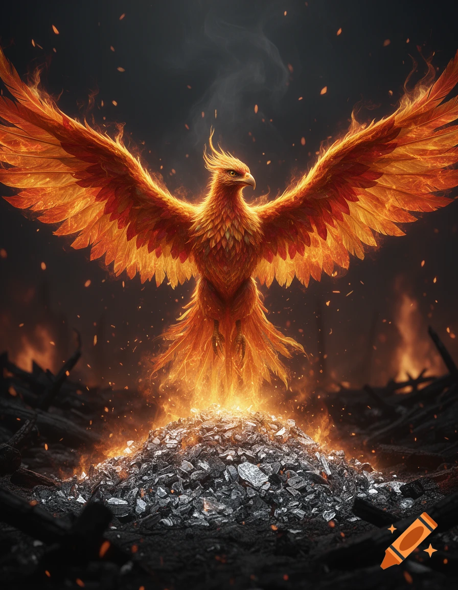 A majestic fiery phoenix with outstretched wings rises from a glowing pile of ashes amidst smoke and embers in a dark scene.