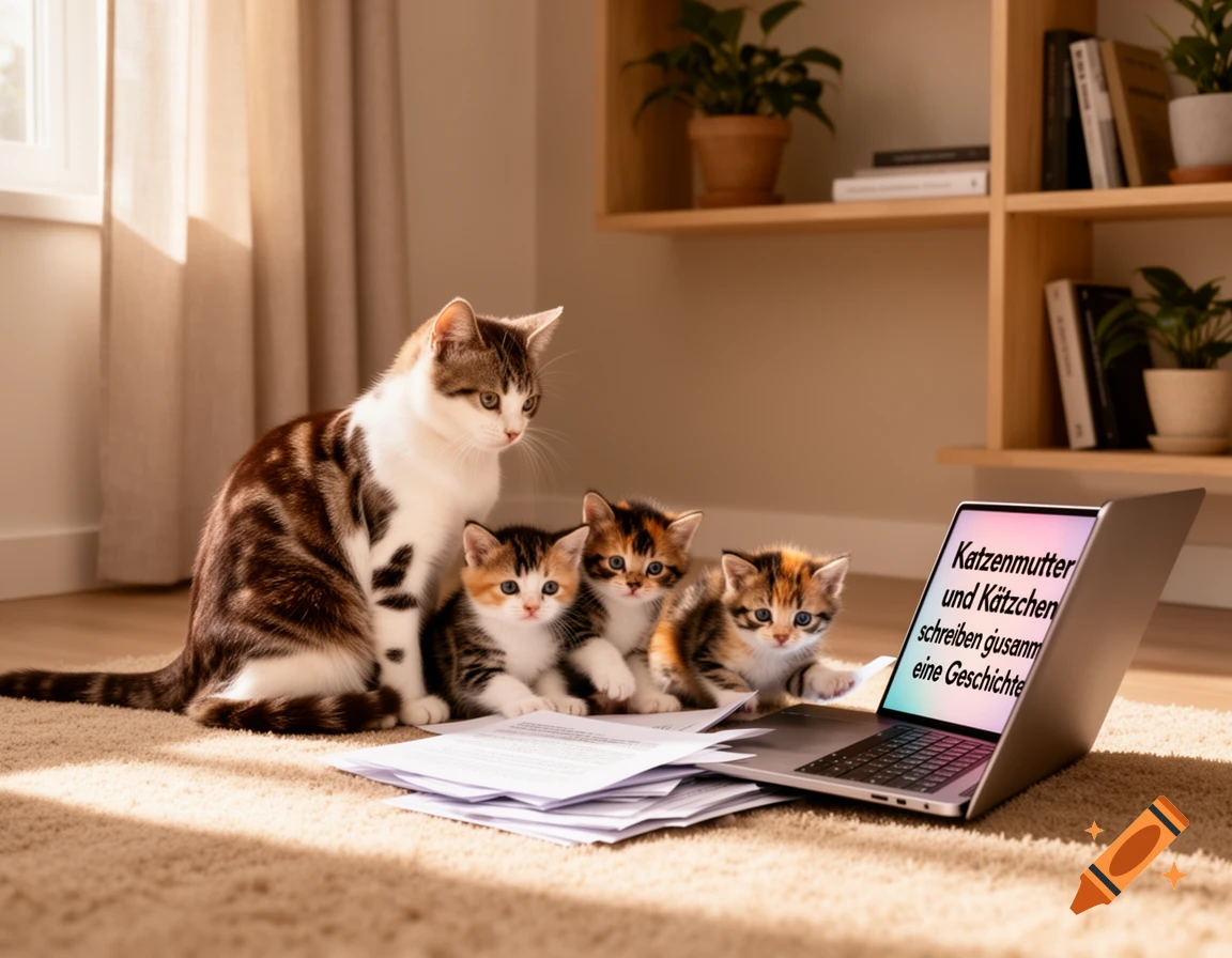 A photorealistic image of a mother cat and three kittens on a carpet, gathered around a laptop with text on its screen.