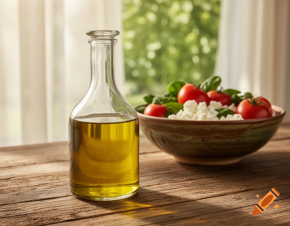 Photorealistic image of a bottle of olive oil on a rustic wooden table, with a blurred bowl of tomatoes, spinach, and feta in the background.