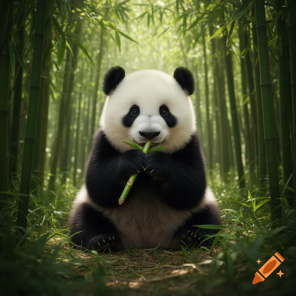 A cute photorealistic panda bear sits in a lush bamboo forest, munching on a bamboo stalk.