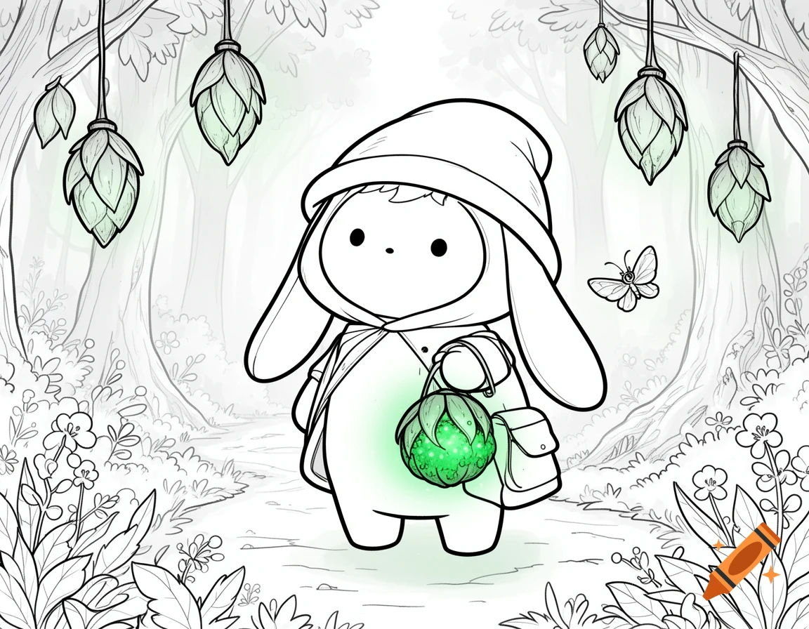 A cute, hooded forest spirit with long ears carries a glowing seed-pod lantern on a woodland path in a black outline coloring book style.