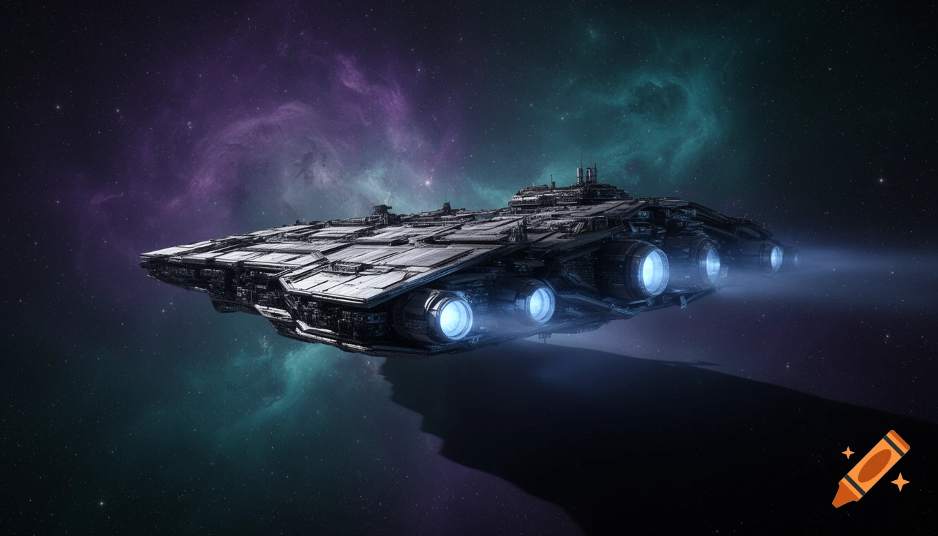 A detailed, grey spaceship with bright blue engines flies through space, set against a backdrop of purple and teal nebulae.