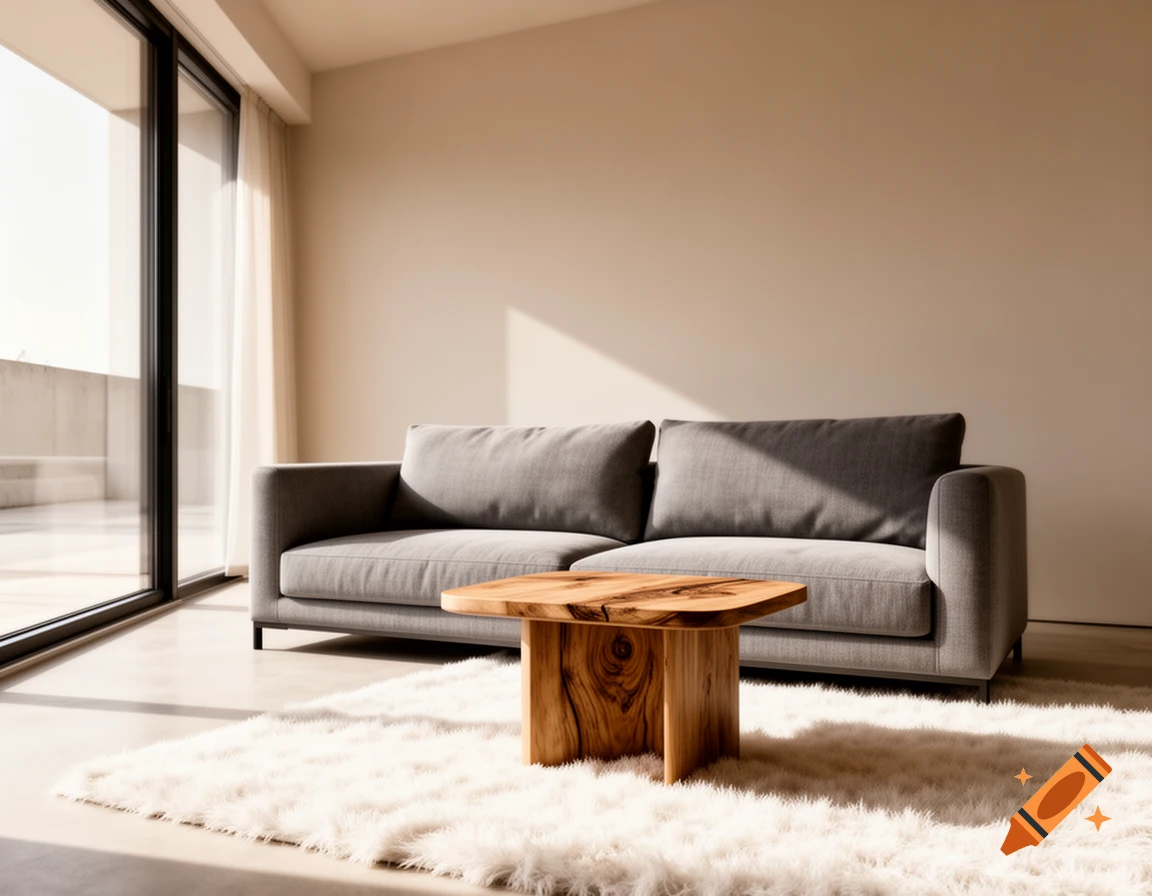 Photorealistic modern minimalist living room with a grey sofa, wooden coffee table, white fluffy rug, and large window with natural light.