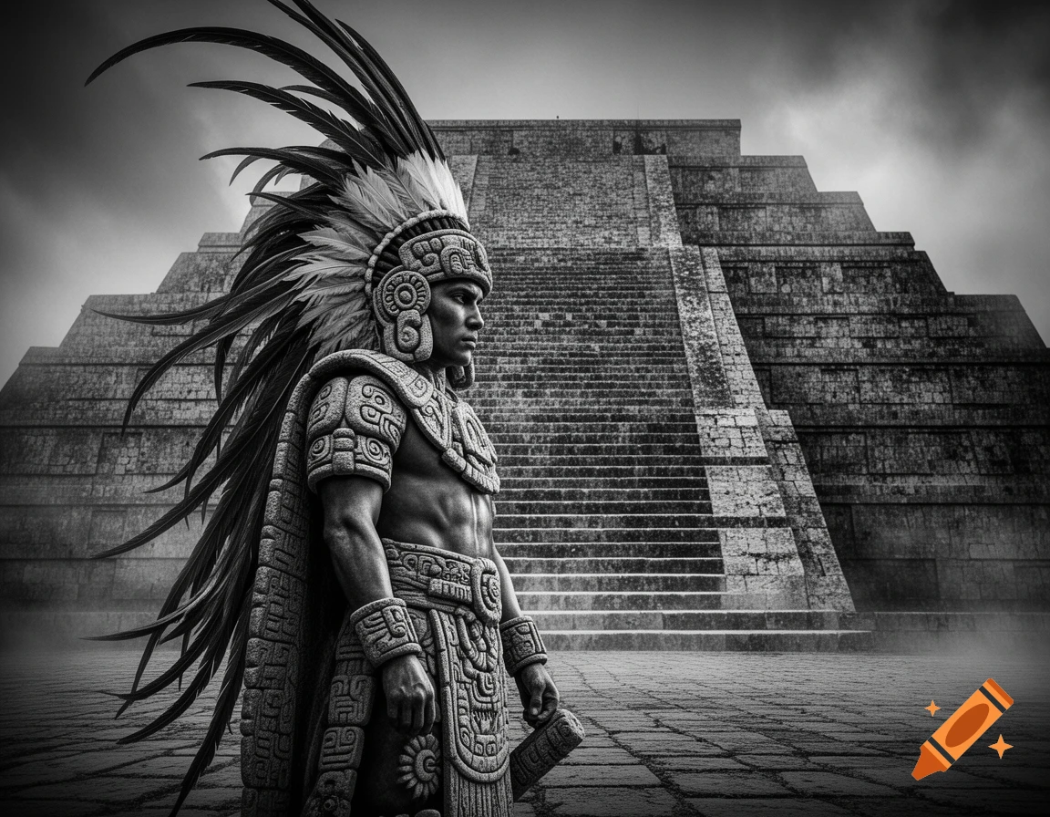 Black and white depiction of an ancient warrior in feathered headdress and ornate armor standing before a large stone pyramid.