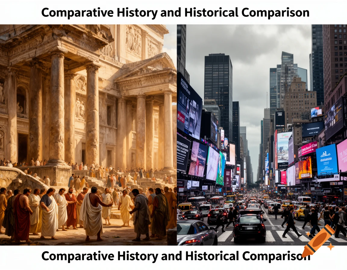 A split image comparing ancient and modern scenes, with a classical building and people in robes on the left, and a bustling modern city street with skyscrapers and billboards on the right.