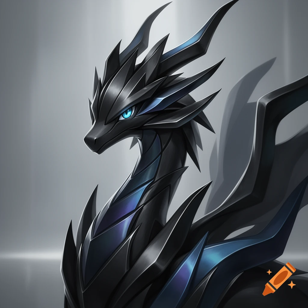 A close-up of a stylized black and blue dragon with glowing blue eyes, depicted in a digital art style.