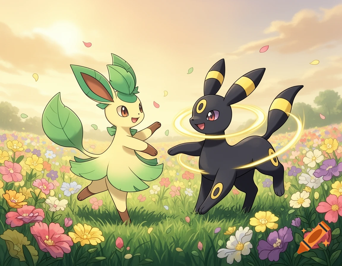 Leafeon and Umbreon playing in a vibrant field of colorful flowers under a bright sky.