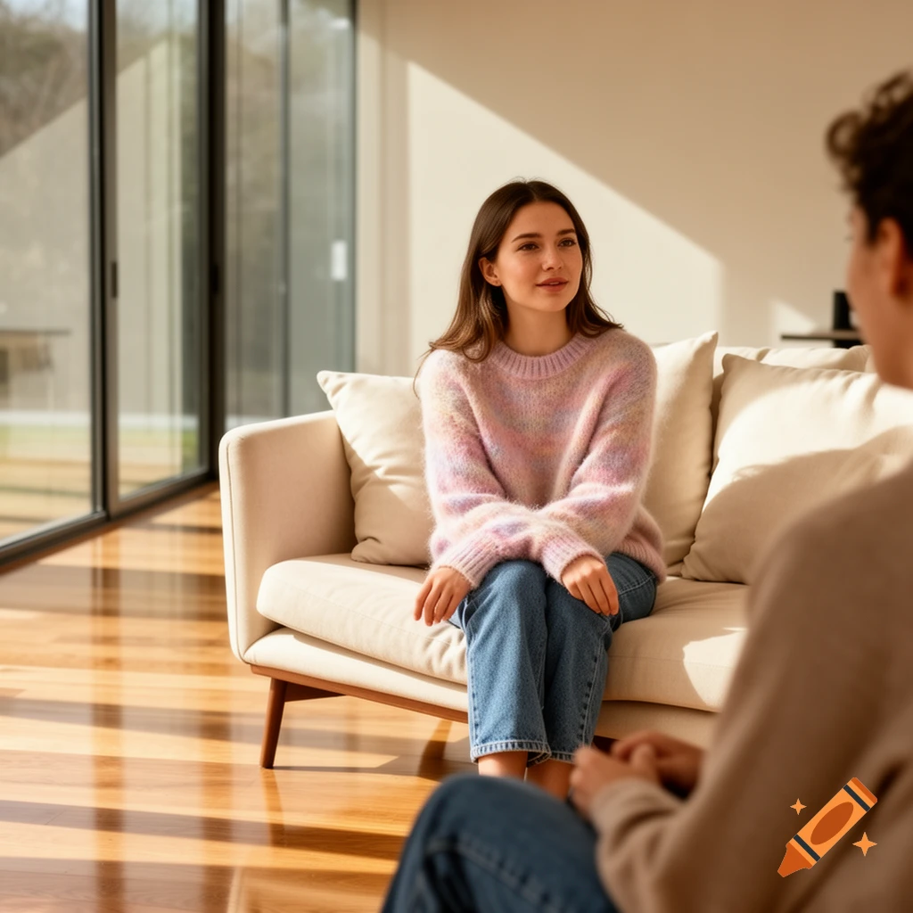 A young woman in a pink and blue sweater sits on a beige couch, looking attentively at another person in a sunlit modern living room.