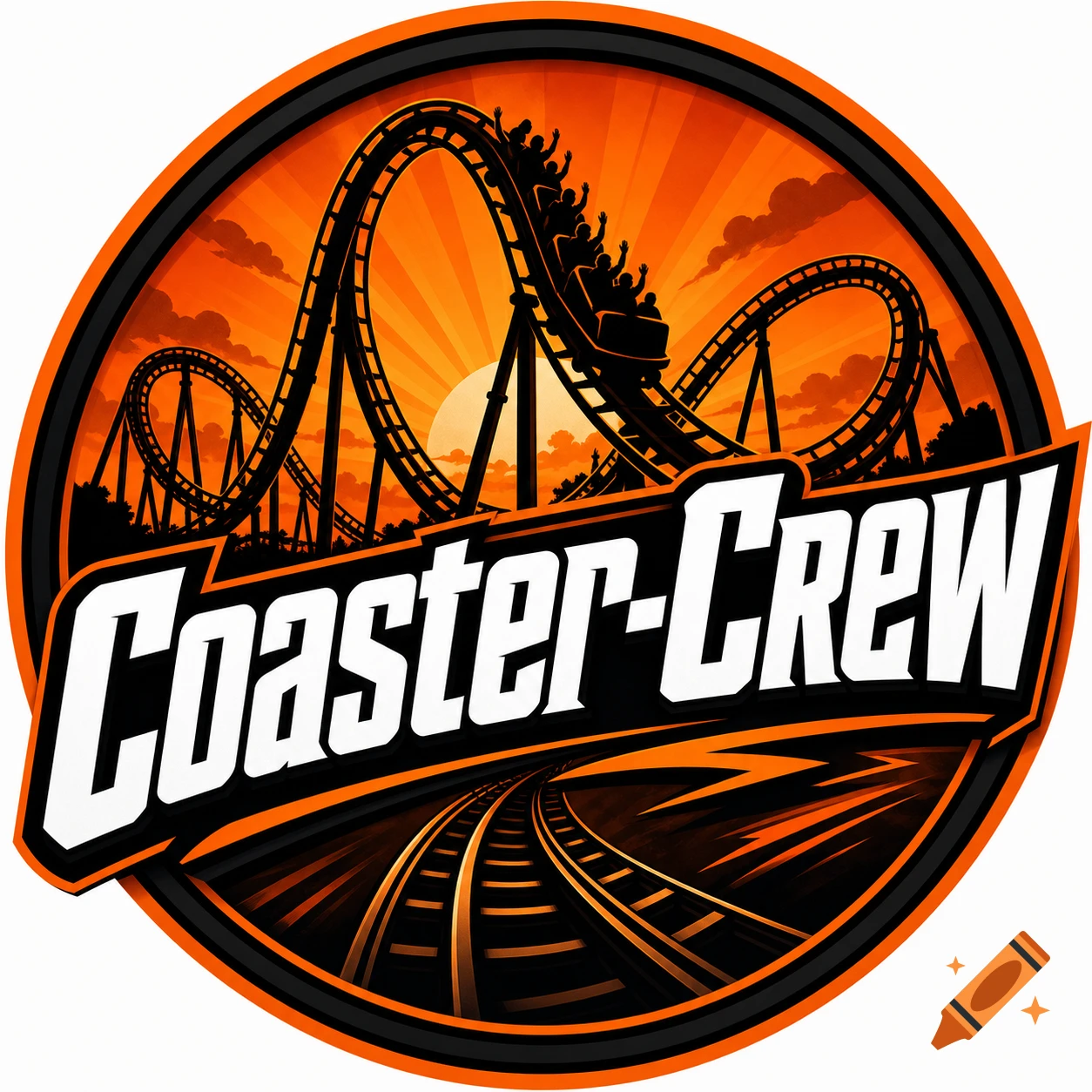 White and dark orange badge logo with "Coaster-Crew" text and a silhouetted roller coaster against an orange sunburst sky.