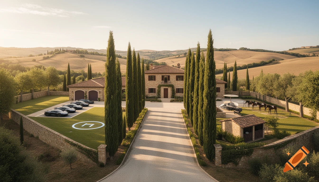 Photorealistic luxury Tuscan estate with cypress-lined driveway, sports cars, helipad, and horses in a sunny, hilly landscape.